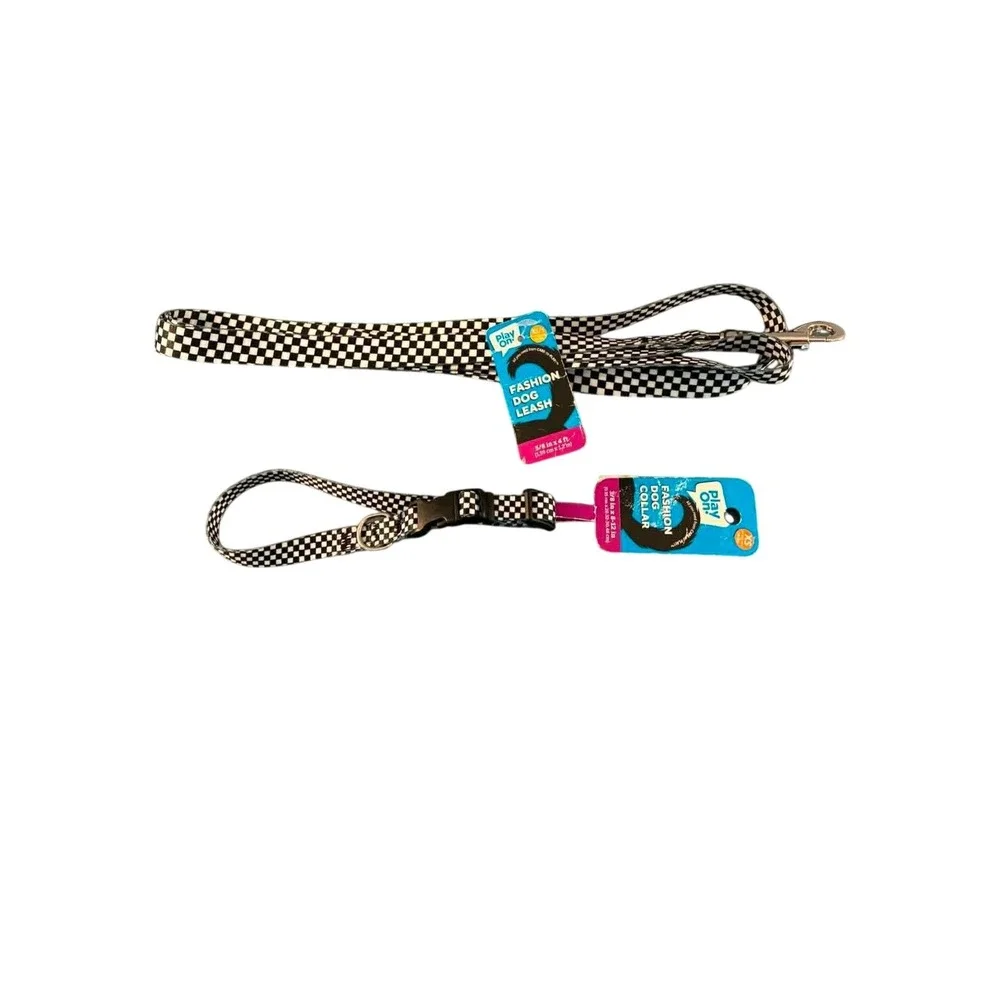 Play On! Collar and Leash Set Dog XS Black White NEW Checkered Pattern‎